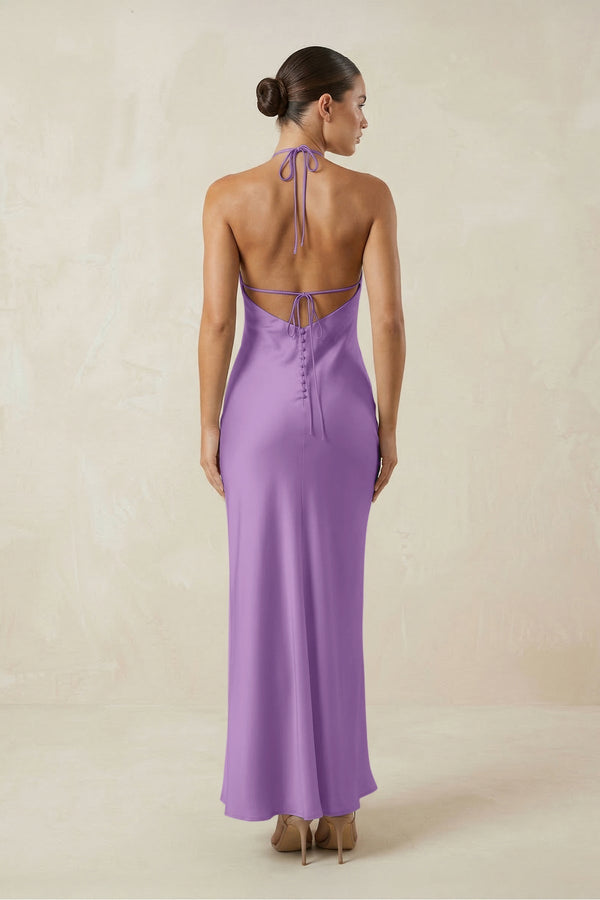 Halter Satin Sheath Midi Bridesmaid Dress in Wisteria - KissProm Bridesmaid Dresses
