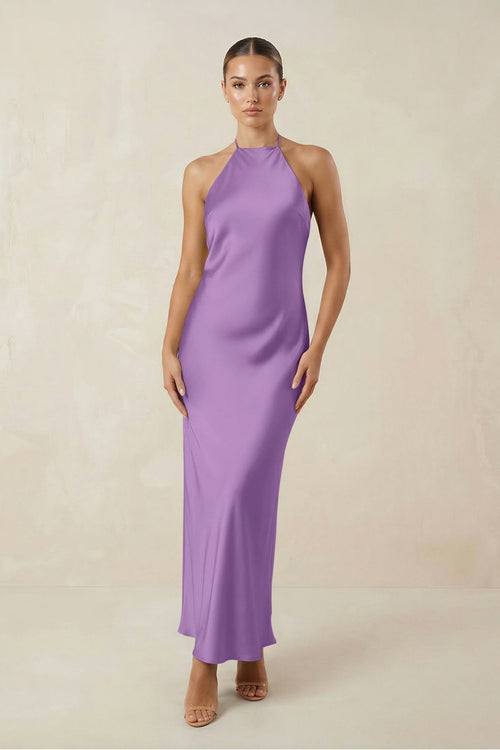Halter Satin Sheath Midi Bridesmaid Dress in Wisteria - KissProm Bridesmaid Dresses