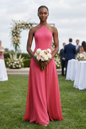 KissProm Sheath Halter Chiffon Bridesmaid Dress with Slit in Fuchsia, Fuchsia / 4