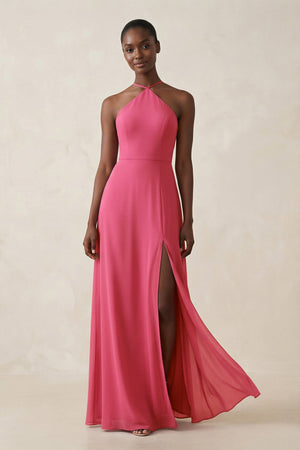Halter Sheath Chiffon Bridesmaid Dress with Slit in Fuchsia - KissProm Bridesmaid Dresses