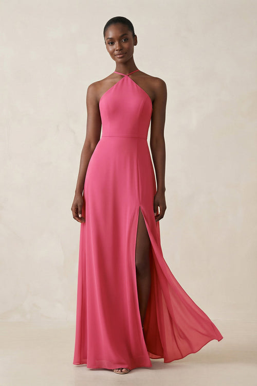 fuchsia pink bridesmaid dresses Sheath Halter Chiffon Bridesmaid Dress with Slit in Fuchsia, Fuchsia / 4