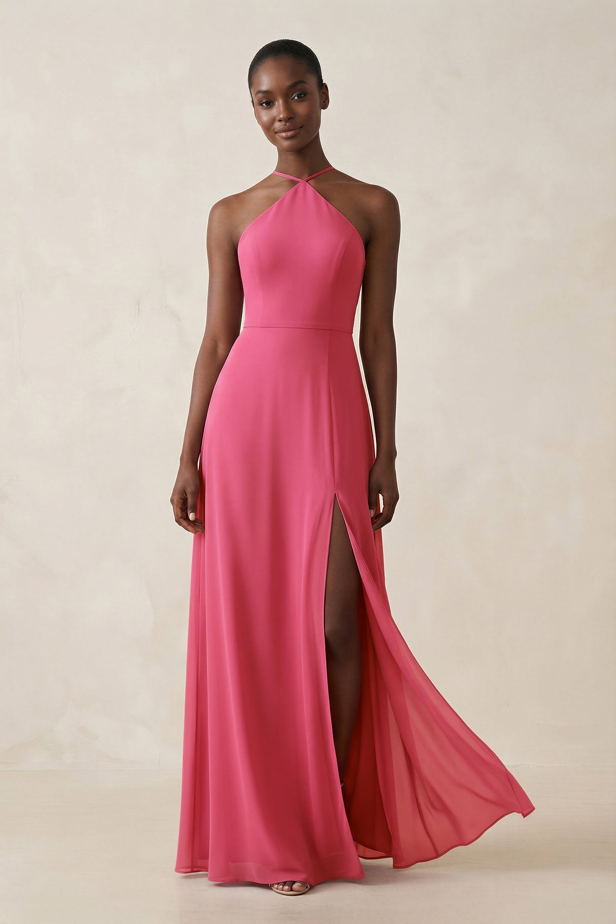 KissProm Sheath Halter Chiffon Bridesmaid Dress with Slit in Fuchsia, Fuchsia / 4