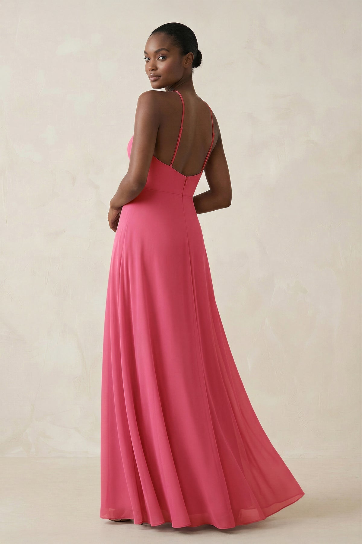 KissProm Sheath Halter Chiffon Bridesmaid Dress with Slit in Fuchsia, Fuchsia / 4