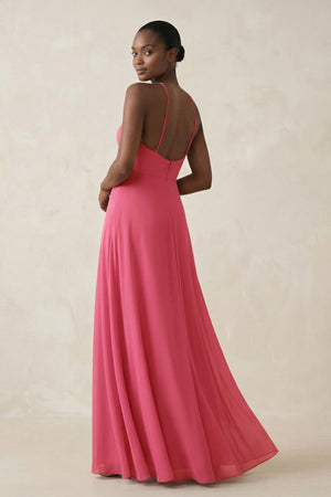 Halter Sheath Chiffon Bridesmaid Dress with Slit in Fuchsia - KissProm Bridesmaid Dresses