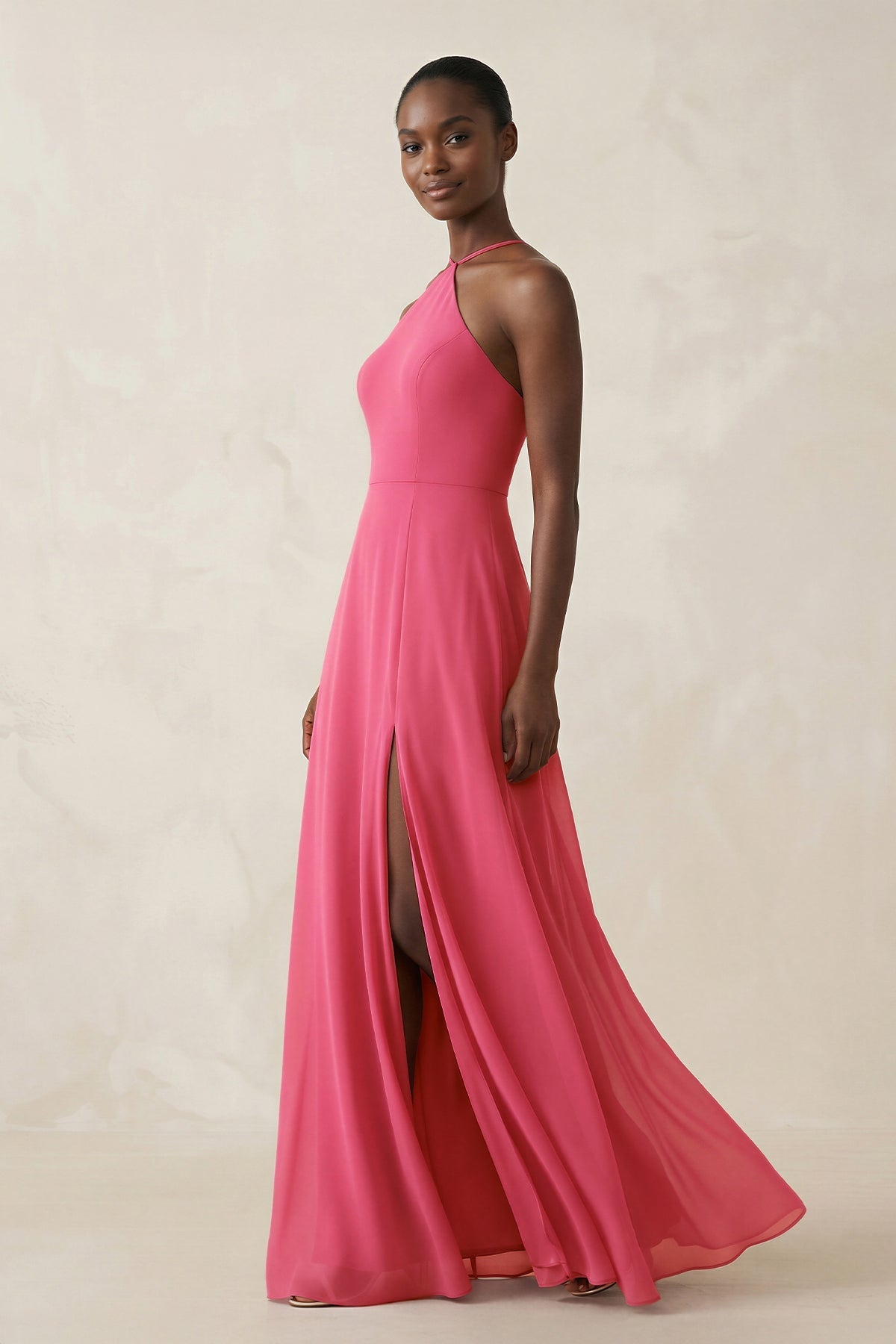 KissProm Sheath Halter Chiffon Bridesmaid Dress with Slit in Fuchsia, Fuchsia / 4