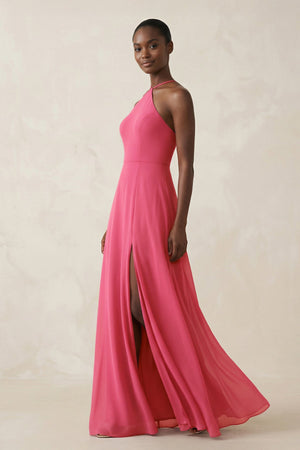 Halter Sheath Chiffon Bridesmaid Dress with Slit in Fuchsia - KissProm Bridesmaid Dresses