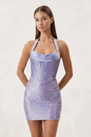 Lavender Halter Sheath Corset Satin Homecoming Dress With Pearl - KissProm