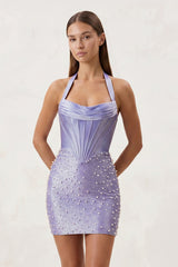 Lavender Halter Sheath Corset Satin Homecoming Dress With Pearl - KissProm