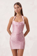 Pink Halter Sheath Corset Satin Homecoming Dress With Pearl | KISSPROM