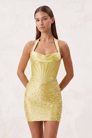 Yellow Halter Sheath Corset Satin Homecoming Dress With Pearl | KISSPROM