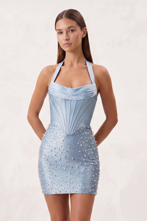 Sky Blue Halter Sheath Corset Satin Homecoming Dress With Pearl | KISSPROM