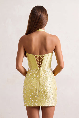 Yellow Halter Sheath Corset Satin Homecoming Dress With Pearl | KISSPROM