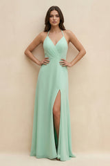 Halter Sheath Long Chiffon Bridesmaid Dress in Pale Pistachio - KissProm BRIDESMAID DRESSES