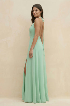 Halter Sheath Long Chiffon Bridesmaid Dress in Pale Pistachio - KissProm BRIDESMAID DRESSES