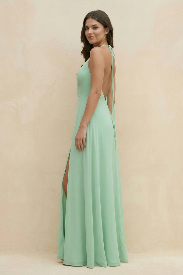 Halter Sheath Long Chiffon Bridesmaid Dress in Pale Pistachio - KissProm BRIDESMAID DRESSES
