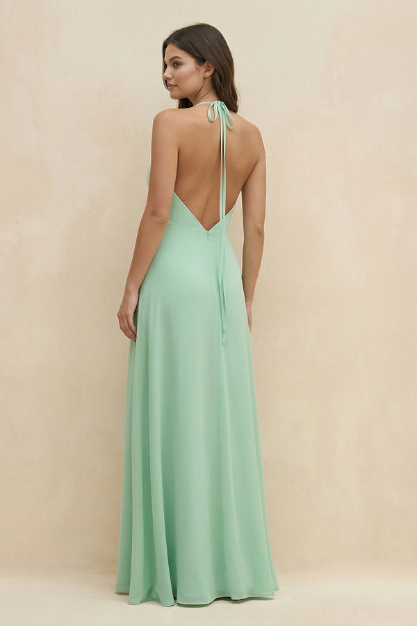 Halter Sheath Long Chiffon Bridesmaid Dress in Pale Pistachio - KissProm BRIDESMAID DRESSES