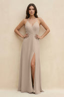 Halter Sheath Long Chiffon Bridesmaid Dress in Almond - KissProm BRIDESMAID DRESSES