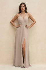 Halter Sheath Long Chiffon Bridesmaid Dress in Almond - KissProm BRIDESMAID DRESSES