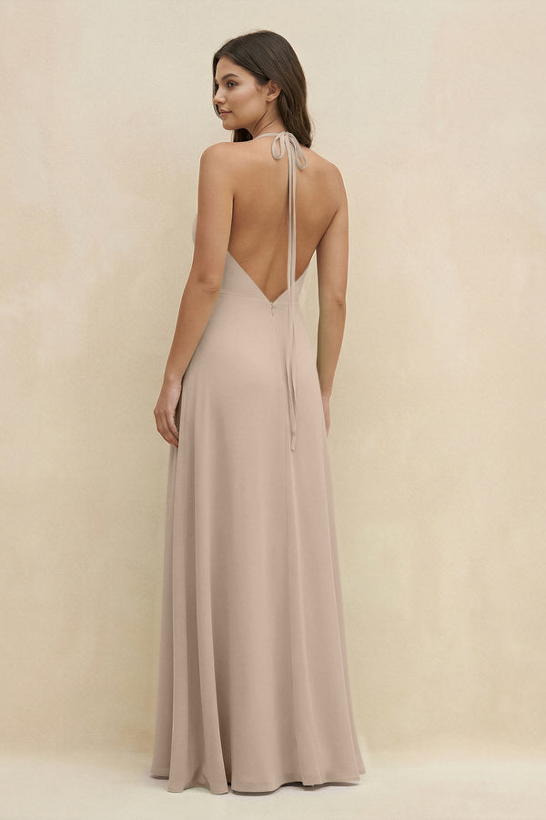 Halter Sheath Long Chiffon Bridesmaid Dress in Almond - KissProm BRIDESMAID DRESSES