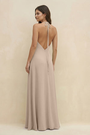 Halter Sheath Long Chiffon Bridesmaid Dress in Almond - KissProm BRIDESMAID DRESSES