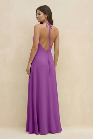 Halter Sheath Long Chiffon Bridesmaid Dress in Amethyst - KissProm BRIDESMAID DRESSES