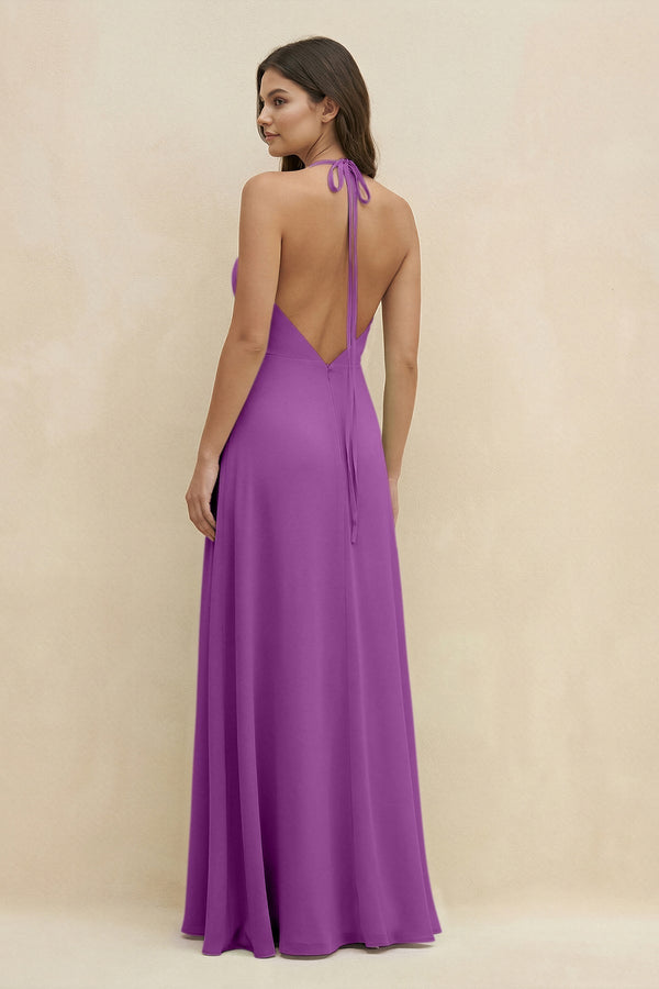 Halter Sheath Long Chiffon Bridesmaid Dress in Amethyst - KissProm BRIDESMAID DRESSES