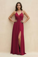Halter Sheath Long Chiffon Bridesmaid Dress in Berry - KissProm BRIDESMAID DRESSES