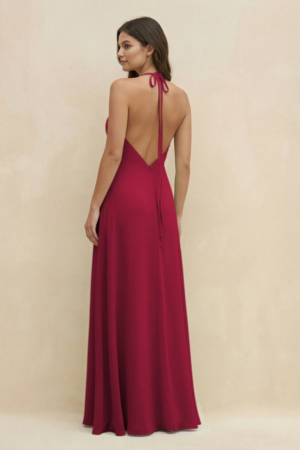 Halter Sheath Long Chiffon Bridesmaid Dress in Berry - KissProm BRIDESMAID DRESSES