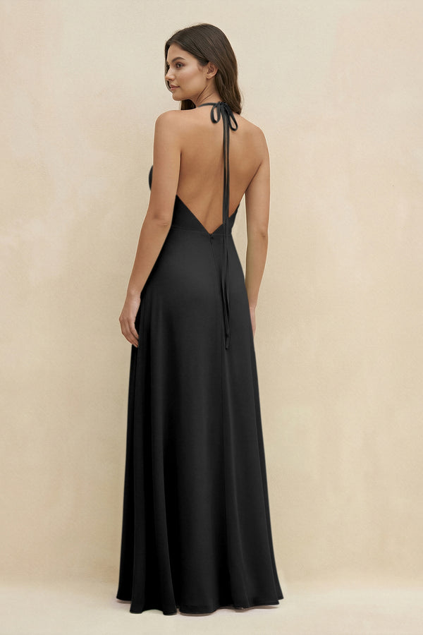 Halter Sheath Long Chiffon Bridesmaid Dress in Black - KissProm BRIDESMAID DRESSES