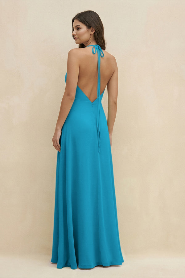 Halter Sheath Long Chiffon Bridesmaid Dress in Blue Jay - KissProm BRIDESMAID DRESSES