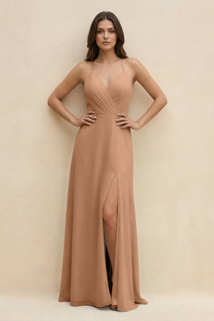 Halter Sheath Long Chiffon Bridesmaid Dress in Bronzer - KissProm BRIDESMAID DRESSES
