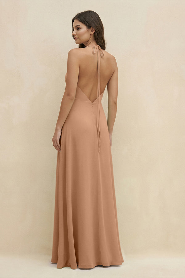 Halter Sheath Long Chiffon Bridesmaid Dress in Bronzer - KissProm BRIDESMAID DRESSES