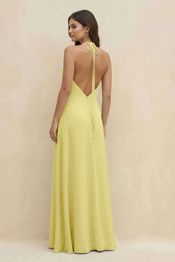 Halter Sheath Long Chiffon Bridesmaid Dress in Buttercup - KissProm BRIDESMAID DRESSES
