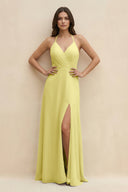 Halter Sheath Long Chiffon Bridesmaid Dress in Buttercup - KissProm BRIDESMAID DRESSES