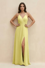 Halter Sheath Long Chiffon Bridesmaid Dress in Buttercup - KissProm BRIDESMAID DRESSES