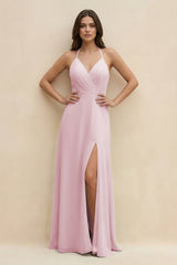 Halter Sheath Long Chiffon Bridesmaid Dress in Candy Pink - KissProm BRIDESMAID DRESSES