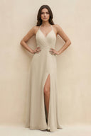 Halter Sheath Long Chiffon Bridesmaid Dress in Champagne - KissProm BRIDESMAID DRESSES