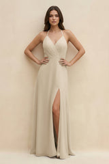 Halter Sheath Long Chiffon Bridesmaid Dress in Champagne - KissProm BRIDESMAID DRESSES