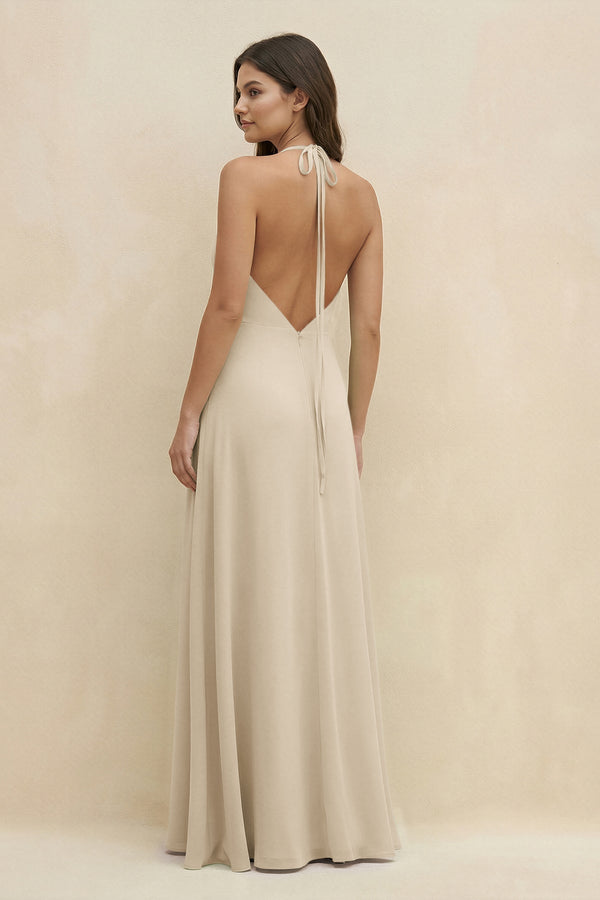 Halter Sheath Long Chiffon Bridesmaid Dress in Champagne - KissProm BRIDESMAID DRESSES