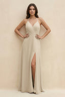 Halter Sheath Long Chiffon Bridesmaid Dress in Champagne - KissProm BRIDESMAID DRESSES