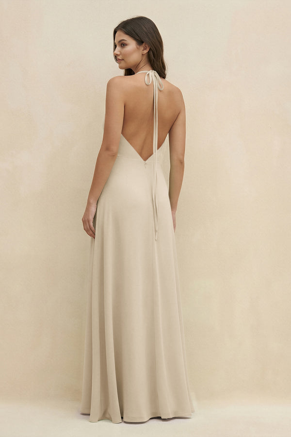 Halter Sheath Long Chiffon Bridesmaid Dress in Champagne - KissProm BRIDESMAID DRESSES