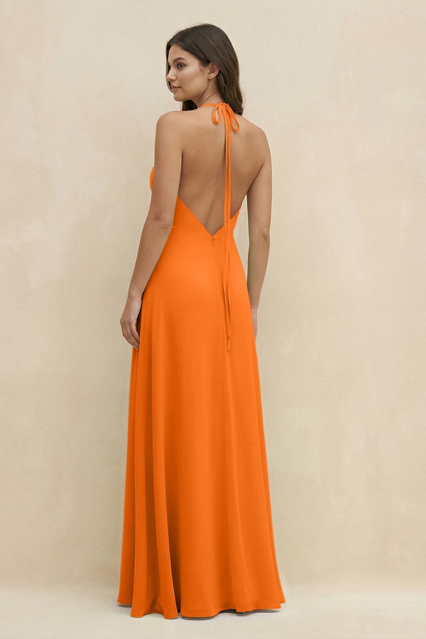 Halter Sheath Long Chiffon Bridesmaid Dress in Cinnamon - KissProm BRIDESMAID DRESSES