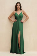 Halter Sheath Long Chiffon Bridesmaid Dress in Dark Green - KissProm BRIDESMAID DRESSES