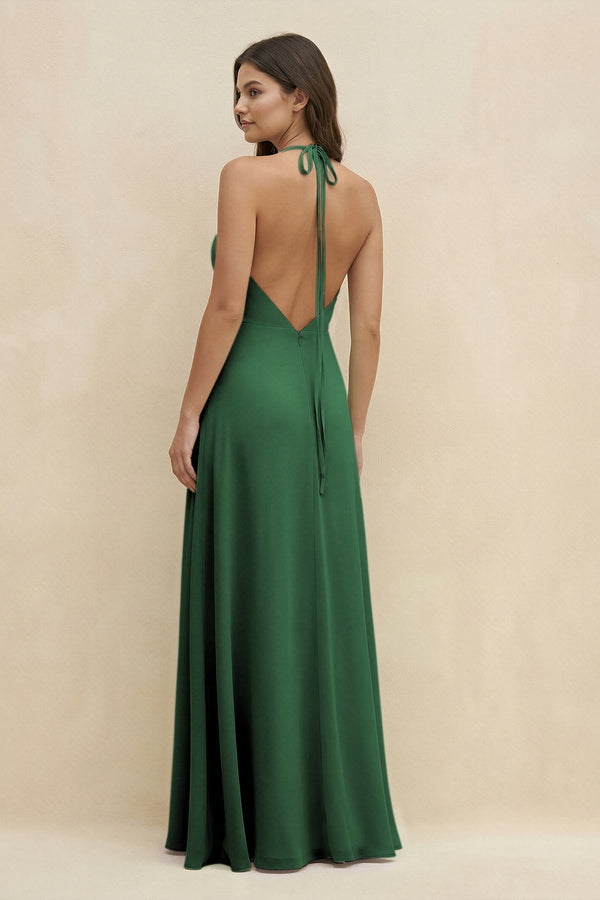 Halter Sheath Long Chiffon Bridesmaid Dress in Dark Green - KissProm BRIDESMAID DRESSES