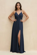 Halter Sheath Long Chiffon Bridesmaid Dress in Dark Navy - KissProm BRIDESMAID DRESSES