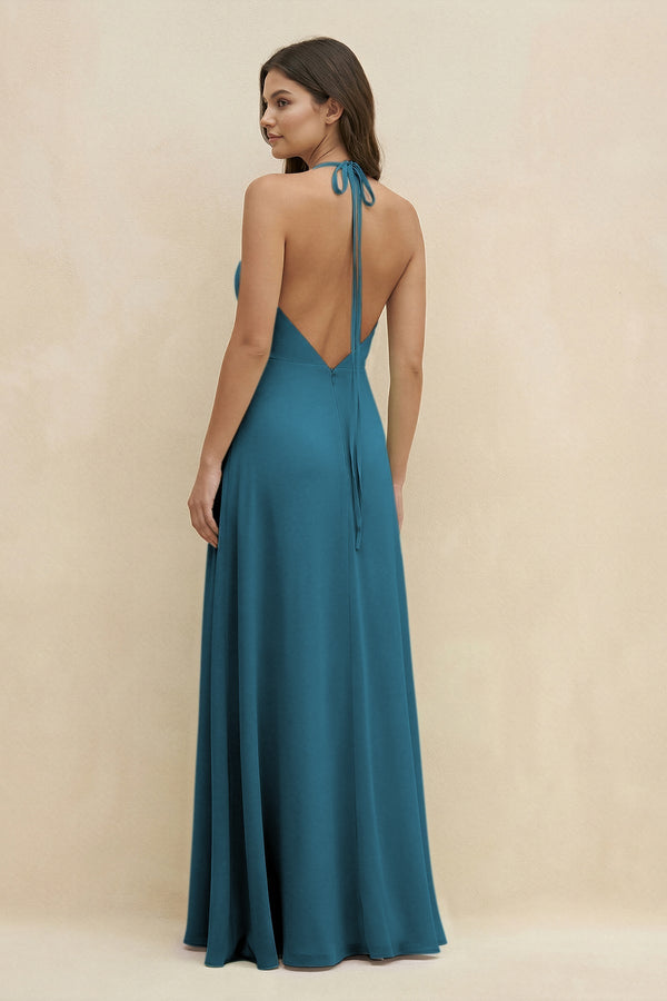Halter Sheath Long Chiffon Bridesmaid Dress in Dark Teal - KissProm BRIDESMAID DRESSES