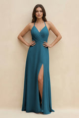 Halter Sheath Long Chiffon Bridesmaid Dress in Dark Teal - KissProm BRIDESMAID DRESSES
