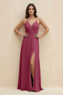 Halter Sheath Long Chiffon Bridesmaid Dress in Desert Rose - KissProm BRIDESMAID DRESSES