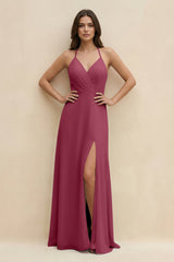 Halter Sheath Long Chiffon Bridesmaid Dress in Desert Rose - KissProm BRIDESMAID DRESSES