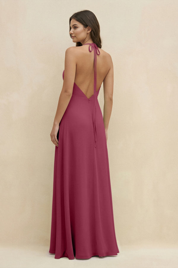 Halter Sheath Long Chiffon Bridesmaid Dress in Desert Rose - KissProm BRIDESMAID DRESSES